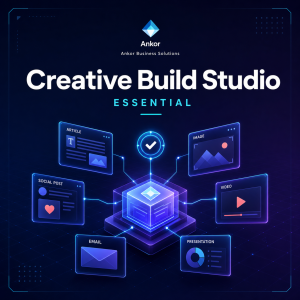Creative Build Studio graphic connecting an article, an image, a social post, a video, an email and a presentation