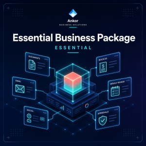 Essential Business Package graphic connecting documents, invoices, email, social posts, a weekly review and approvals