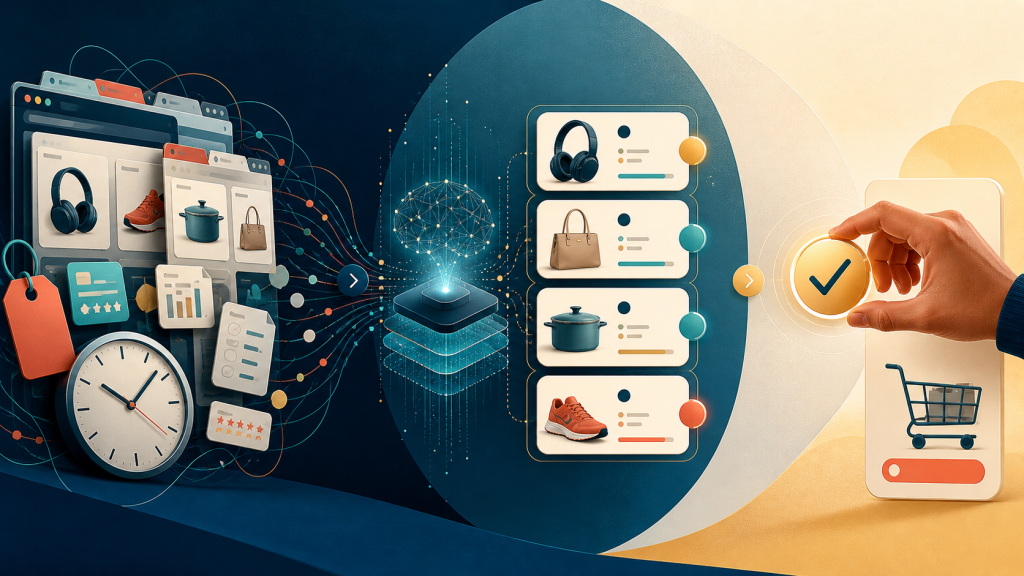 AI shopping assistant sorting product options before a human approves checkout