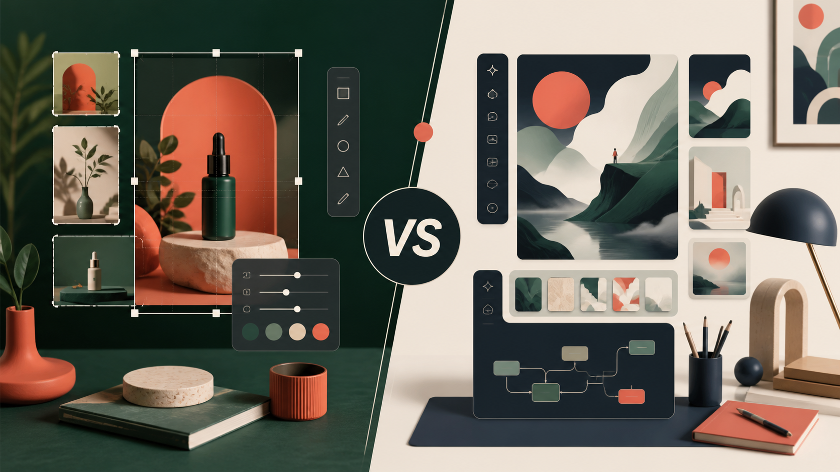 Split-screen comparison of two AI image generation and editing workspaces