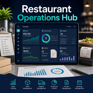 Restaurant Operations Hub product image showing connected restaurant sales stock supplier food cost invoice and booking dashboards