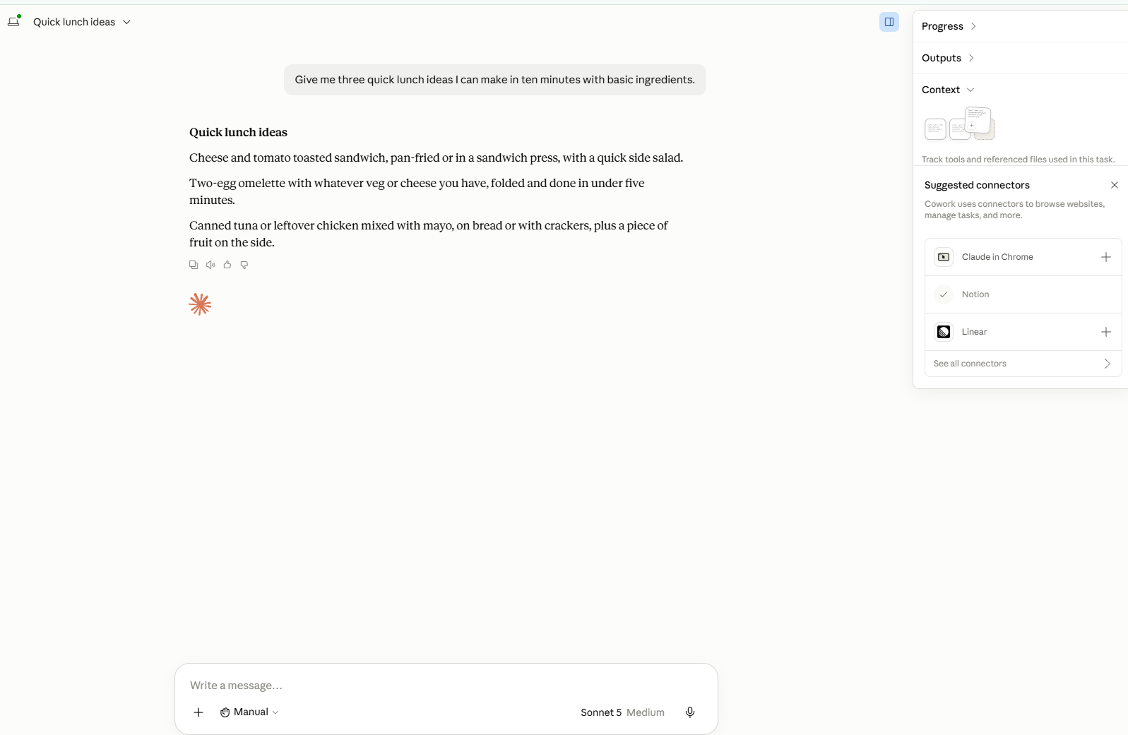 A typed first message shown above Claude's written reply