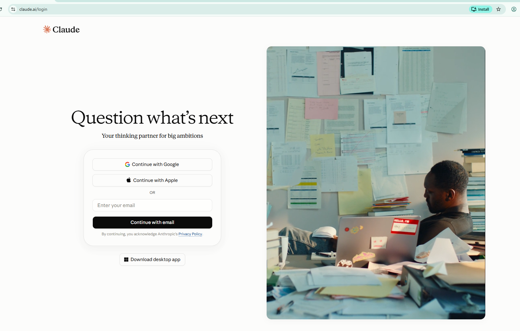 The claude.ai landing page with Sign up and Log in buttons visible