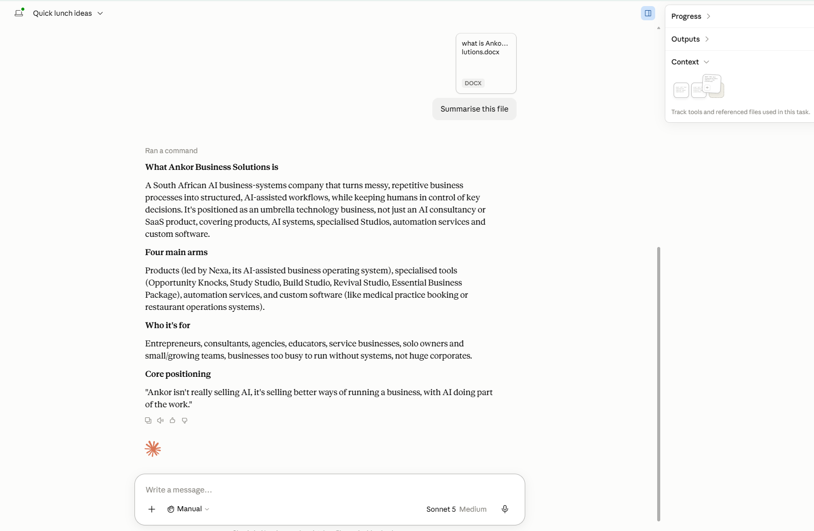 Claude summarising an uploaded document into bullet points
