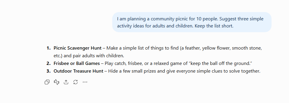 ChatGPT picnic request and three activity suggestions
