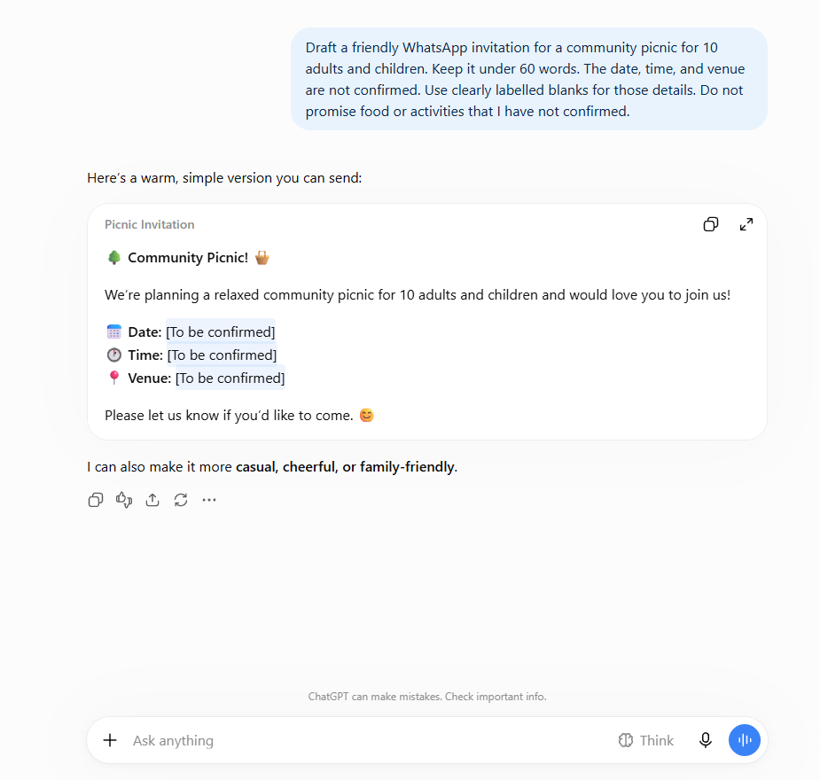 ChatGPT invitation prompt and response with blanks for unconfirmed details