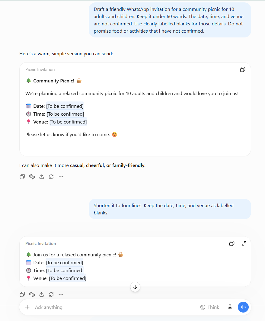 ChatGPT invitation followed by a request to shorten it while preserving blanks