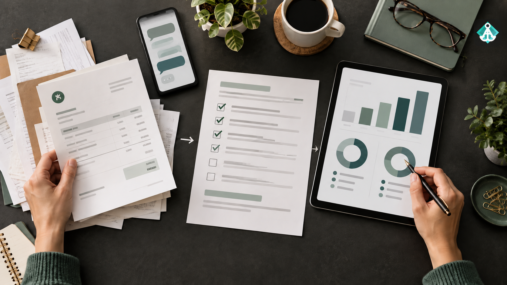 Small-business owner arranges an invoice, payroll checklist and financial comparison beside a conversational AI device.