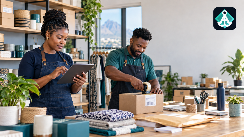 Two small-business retailers prepare products and catalogue information for a new AI advertising channel, with the Ankor logo visible.