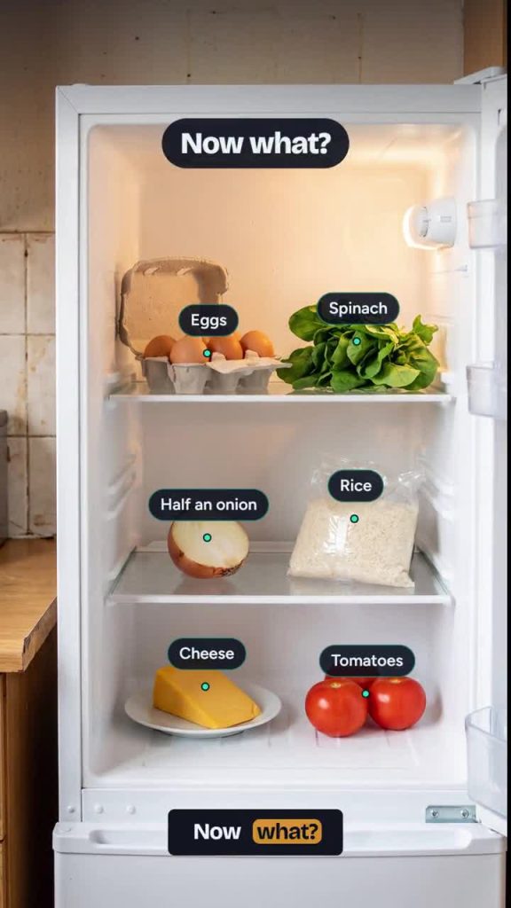 AI meal ideas from ingredients in a fridge containing eggs, spinach, rice, cheese, tomatoes and half an onion.